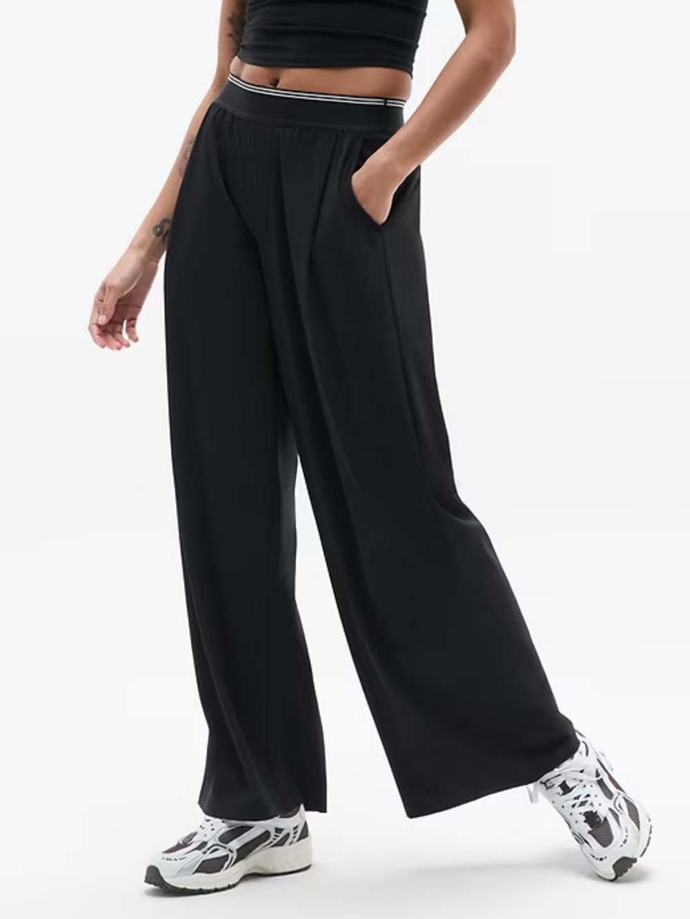 Athleta Stratosphere Black Wide-Leg Pants with Striped Waistband M/Tall